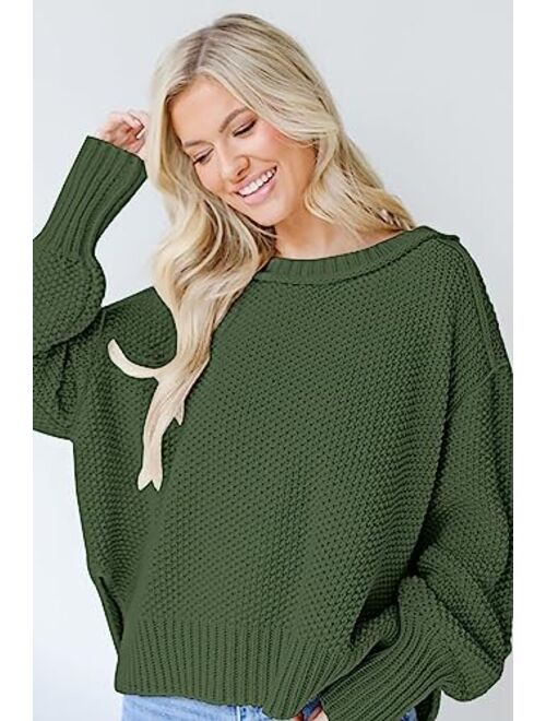 Saukole Womens Oversized Casual Sweaters Batwing Long Sleeve Crew Neck Chunky Ribbed Knit Pullover Loose Solid Jumper Tops Side Split