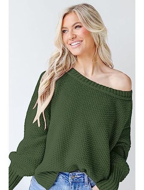 Saukole Womens Oversized Casual Sweaters Batwing Long Sleeve Crew Neck Chunky Ribbed Knit Pullover Loose Solid Jumper Tops Side Split