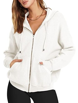 Women's Zip Up Hoodies Sweater 2023 Oversized Casual hooded Jacket Long Sleeve Ribbed Knit Sweatshirts
