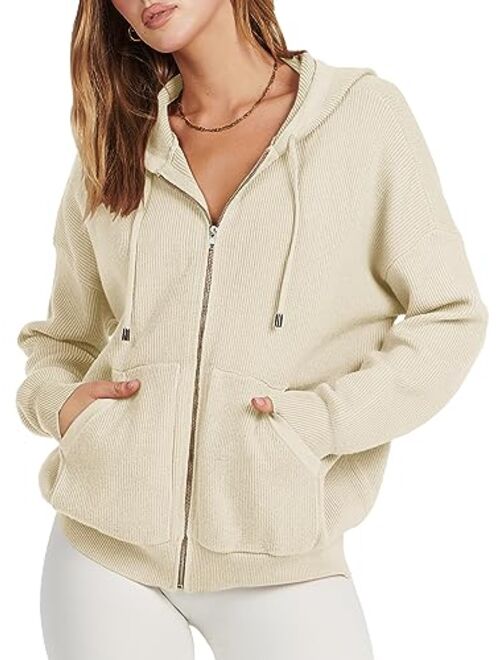 ANRABESS Women's Zip Up Hoodies Sweater 2023 Oversized Casual hooded Jacket Long Sleeve Ribbed Knit Sweatshirts