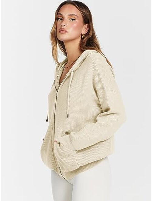 ANRABESS Women's Zip Up Hoodies Sweater 2023 Oversized Casual hooded Jacket Long Sleeve Ribbed Knit Sweatshirts