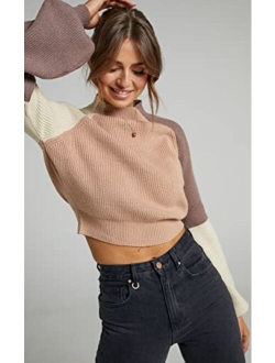 Women's Mock Neck Color Block Sweaters Knitted Pullover Jumper Tops Casual Lantern Sleeve Cropped Sweater