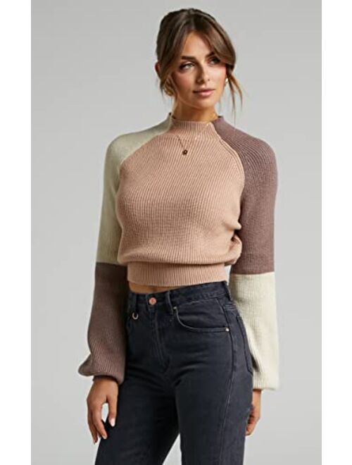 ZAFUL Women's Mock Neck Color Block Sweaters Knitted Pullover Jumper Tops Casual Lantern Sleeve Cropped Sweater