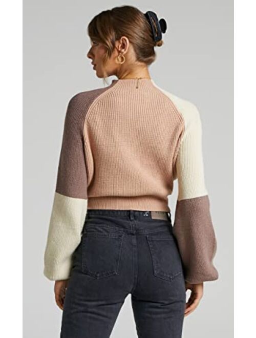 ZAFUL Women's Mock Neck Color Block Sweaters Knitted Pullover Jumper Tops Casual Lantern Sleeve Cropped Sweater