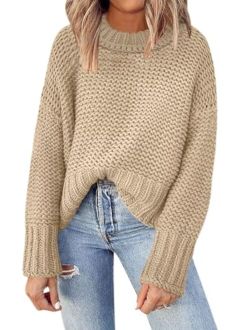 DEEP SELF Women's Crewneck Chunky Knit Sweater Batwing Long Sleeve Loose Fall Solid Pullover Sweaters Tops