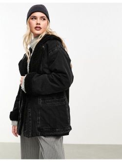 denim long line jacket with borg lining in washed black