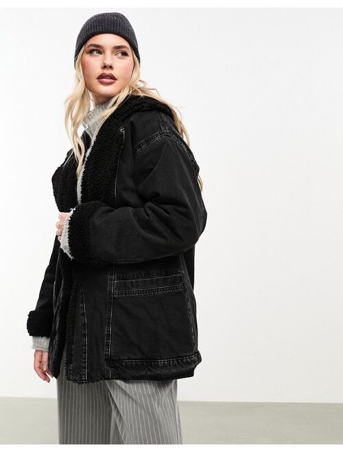 ASOS DESIGN denim long line jacket with borg lining in washed black