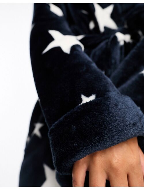ASOS DESIGN super soft star fleece mini robe in dark blue