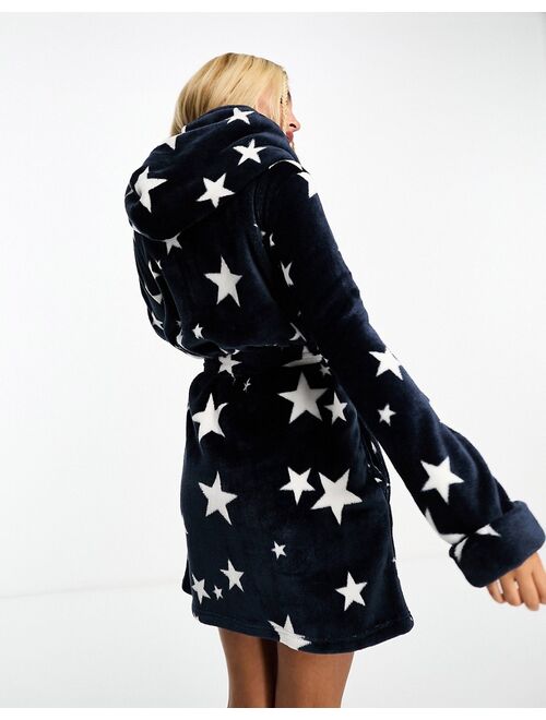 ASOS DESIGN super soft star fleece mini robe in dark blue