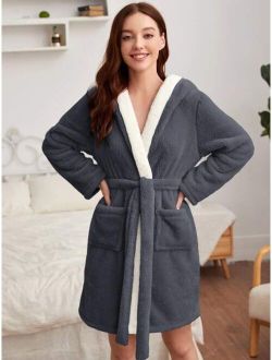 Dual Pocket Belted Hooded Flannel Robe
