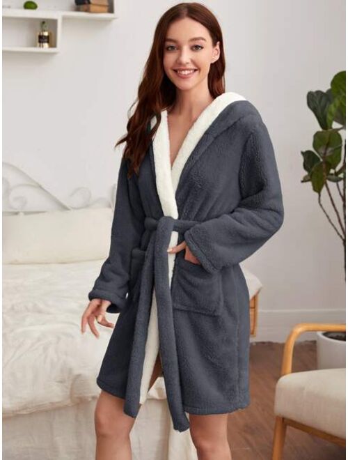 Dual Pocket Belted Hooded Flannel Robe