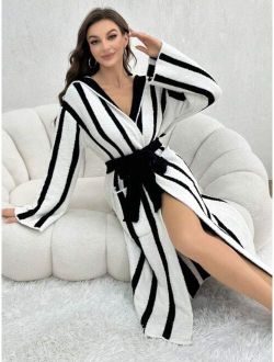 Women's Hooded Striped Belted Robe