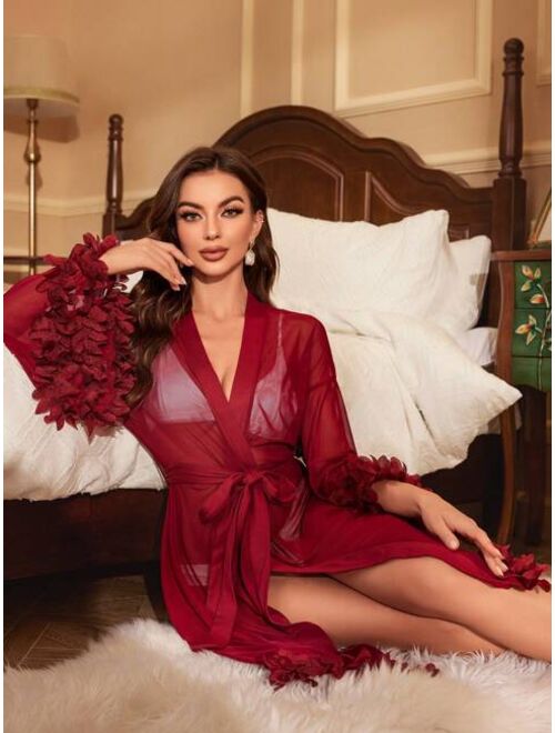 1pc 3D Appliques Trim Belted Mesh Robe