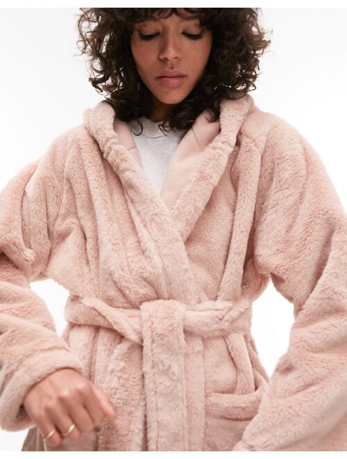 Topshop premium faux fur robe in pink