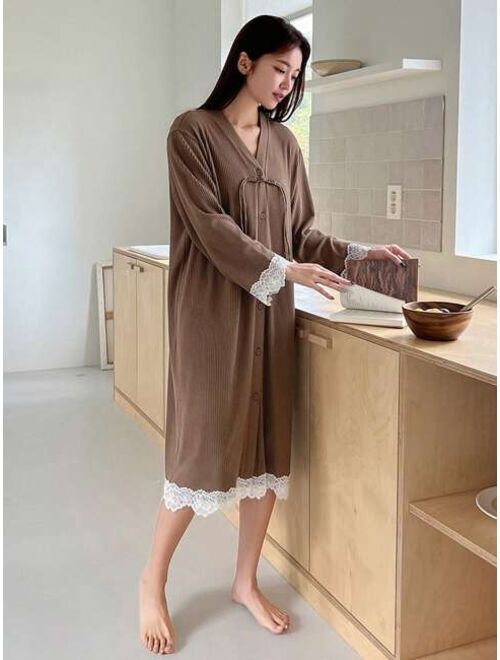 DAZY Women's Patchwork Lace Button Up Robe