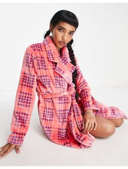 super soft check fleece midi robe in pink