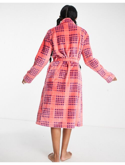 ASOS DESIGN super soft check fleece midi robe in pink