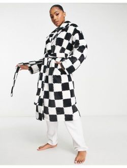 patchwork plaid faux fur midi robe in black & white