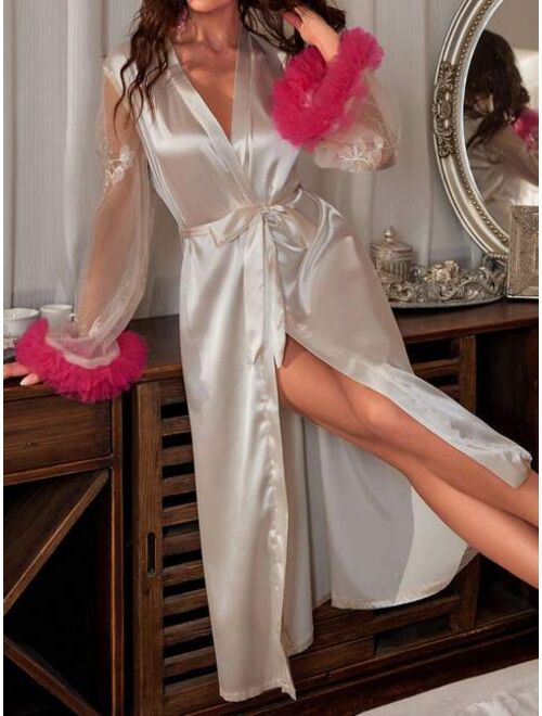 Mesh Patchwork Long Sleeve Sleepwear With Plush Cuff