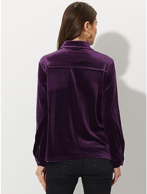 Allegra K Women's Velvet Shirt Long Sleeve Winter Button Down Casual Tops