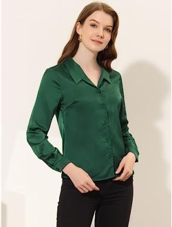 Satin Blouse for Women's Button Down Work Office Long Sleeve Top