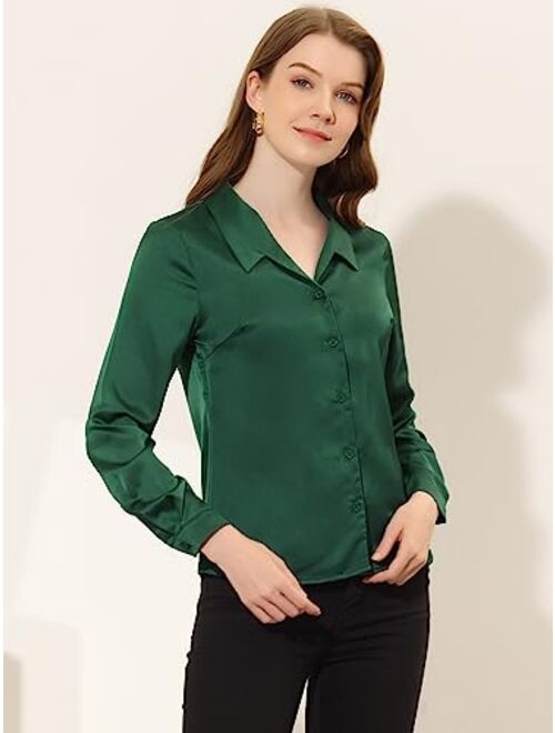 Allegra K Satin Blouse for Women's Button Down Work Office Long Sleeve Top