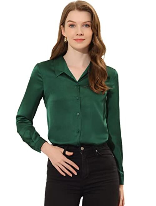 Allegra K Satin Blouse for Women's Button Down Work Office Long Sleeve Top