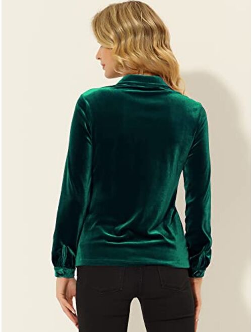 Allegra K Women's Velvet Shirt Christmas Casual Long Sleeve Button Down Blouse Top