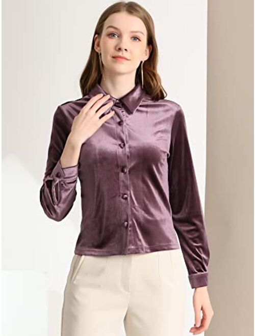 Allegra K Women's Point Collar Velvet Blouse Long Sleeves Button Up Shirt