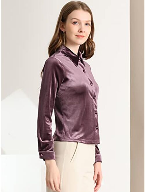 Allegra K Women's Point Collar Velvet Blouse Long Sleeves Button Up Shirt