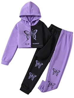 Girl's 2 Piece Outfits Color Block Butterfly Print Long Sleeve Hoodies Sweatshirt Tops and Sweatpants Set