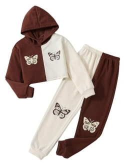 Girl's 2 Piece Outfits Color Block Butterfly Print Long Sleeve Hoodies Sweatshirt Tops and Sweatpants Set