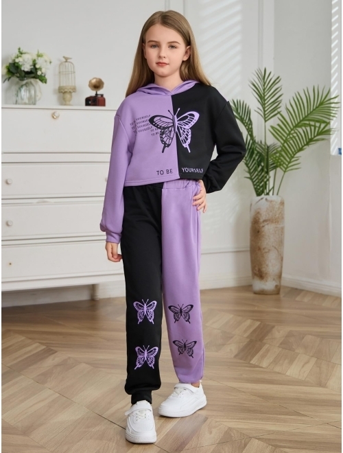 SOLY HUX Girl's 2 Piece Outfits Color Block Butterfly Print Long Sleeve Hoodies Sweatshirt Tops and Sweatpants Set