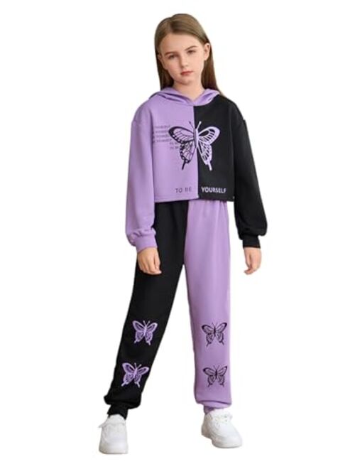 SOLY HUX Girl's 2 Piece Outfits Color Block Butterfly Print Long Sleeve Hoodies Sweatshirt Tops and Sweatpants Set