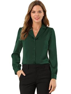 Women's Elegant Collar Blouse Long Sleeve Work Office Button Down Satin Shirt