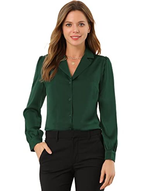 Allegra K Women's Elegant Collar Blouse Long Sleeve Work Office Button Down Satin Shirt