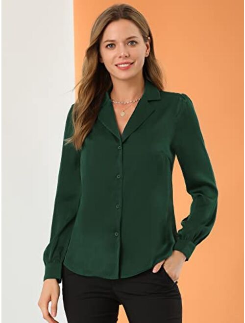 Allegra K Women's Elegant Collar Blouse Long Sleeve Work Office Button Down Satin Shirt