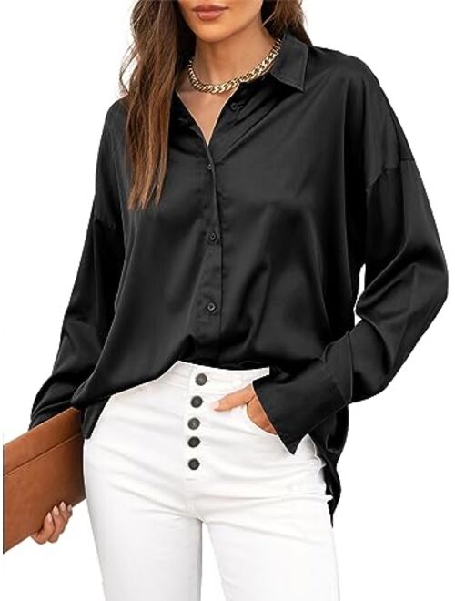 Sucolan Womens Button Down Shirt Satin Short Sleeve Button Up Shirts Casual V Neck Silk Blouses Office Work Tunic Tops