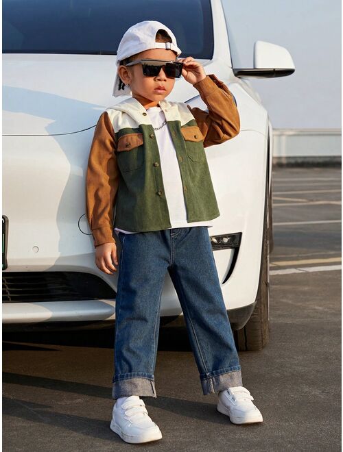 SHEIN Kids EVRYDAY Toddler Boys' Hooded Color-block Shirt
