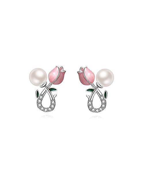 Reffeer Solid 925 Sterling Silver Pink Flower Stud Earrings for Women Girls Tulip Pearl Stud Earrings