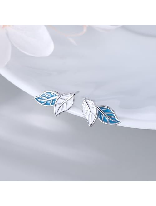 Reffeer Solid 925 Sterling Silver Blue Leaf Stud Earrings for Women Girls Small Leaf Stud Earrings