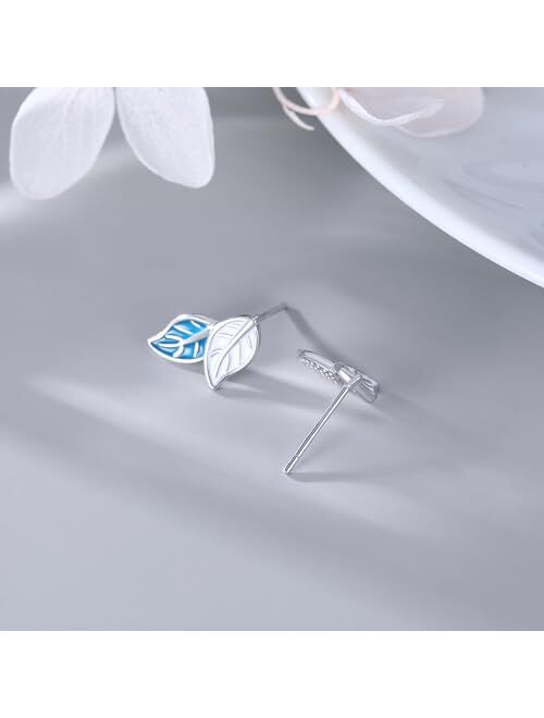 Reffeer Solid 925 Sterling Silver Blue Leaf Stud Earrings for Women Girls Small Leaf Stud Earrings