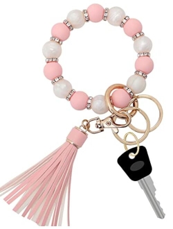 Munchewy Silicone Key Ring Bracelet for Women, Elastic Beaded Wristlet Keychain Key Holder with Zircon & Tassel for Christmas Day Gift