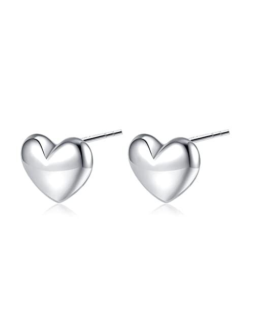 Reffeer Solid 925 Sterling Silver Cute Love Heart Stud Earrings for Women Teen Girls Minimalist Heart Stud Earrings Hypoallergenic