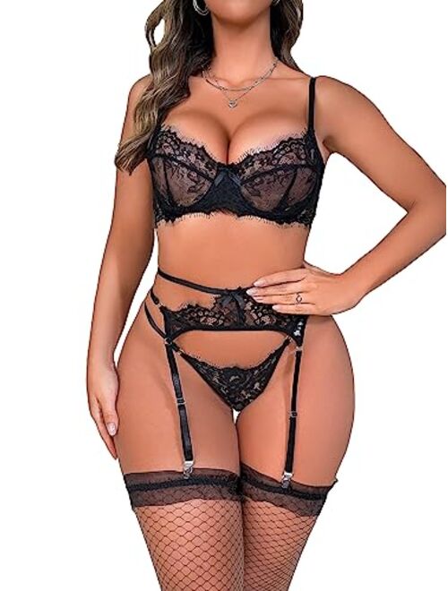 WDIRARA Women's Sheer Floral Lace Underwired Exotic Lingerie Set with Garter and Stockings