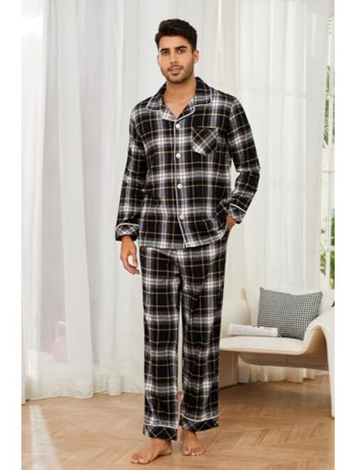 Vulcanodon Men's 100% Cotton Flannel Pajama Sets, Soft Plaid PJS Long Sleeve Sleepwear 2 Piece Button Down Lounge Set