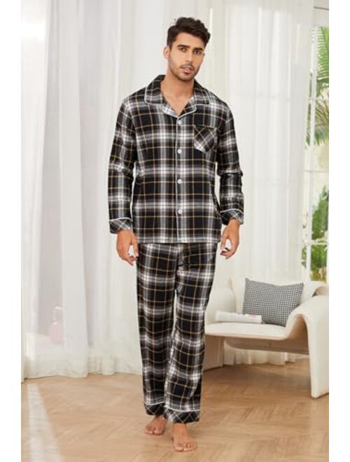 Vulcanodon Men's 100% Cotton Flannel Pajama Sets, Soft Plaid PJS Long Sleeve Sleepwear 2 Piece Button Down Lounge Set