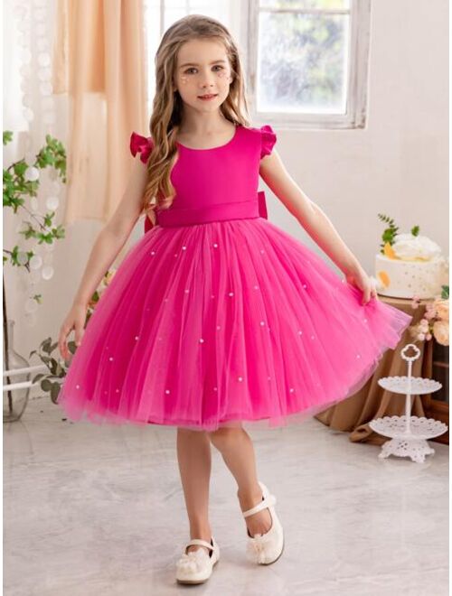 Shein Young girl flutter sleeve mesh dress princess dress suitable for birthday party dance party casual daily musical instrument concert stage performance costume dress