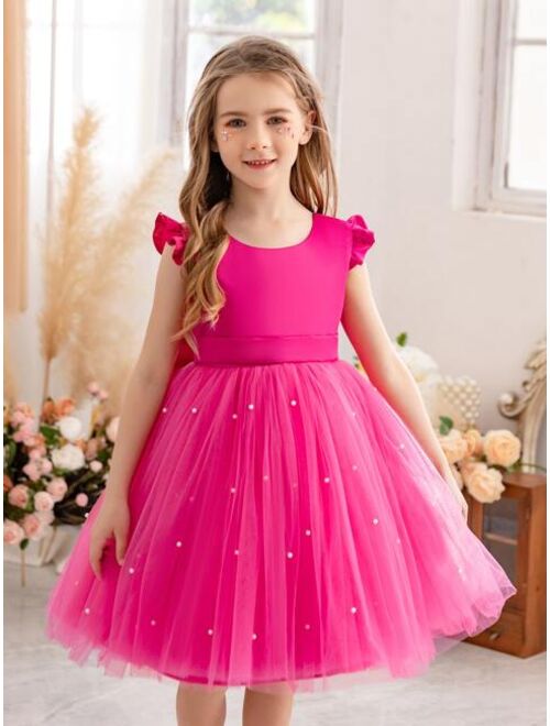 Shein Young girl flutter sleeve mesh dress princess dress suitable for birthday party dance party casual daily musical instrument concert stage performance costume dress