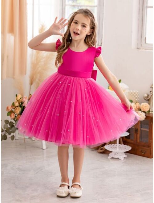 Shein Young girl flutter sleeve mesh dress princess dress suitable for birthday party dance party casual daily musical instrument concert stage performance costume dress